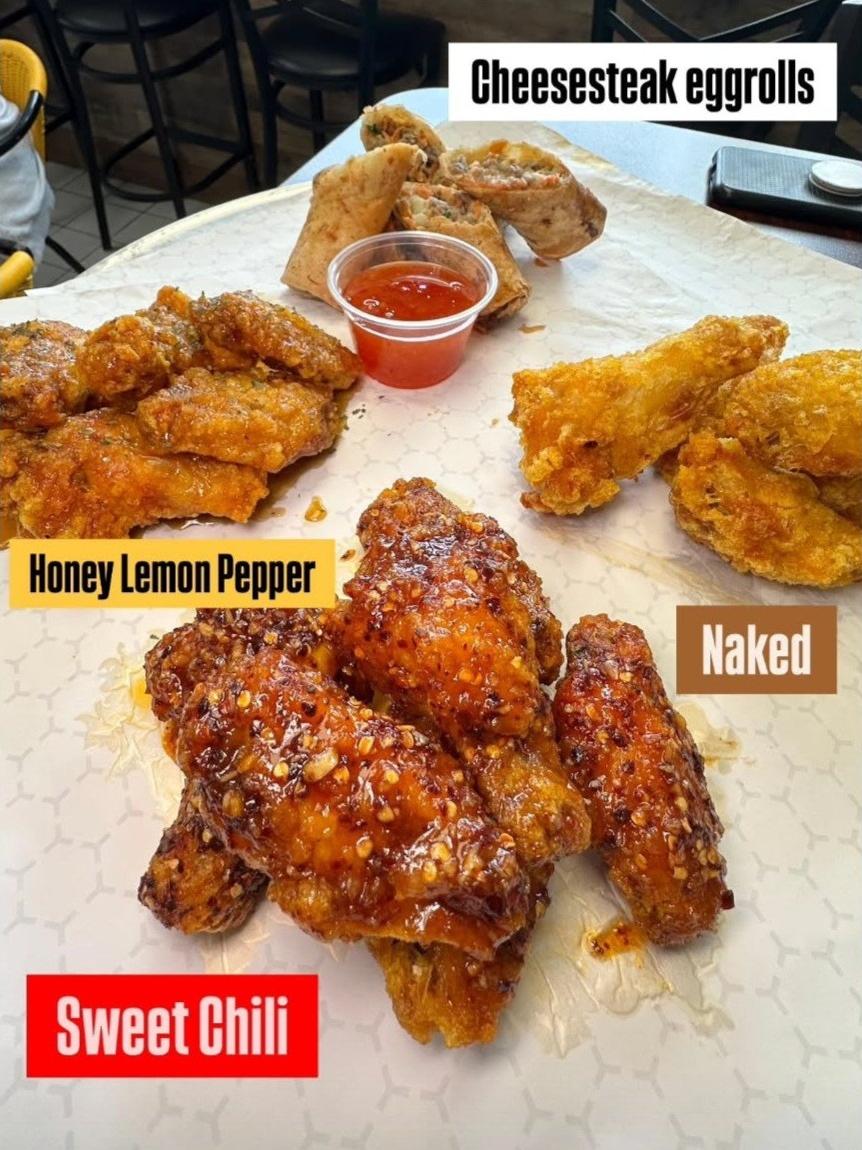 Mama-Mias-Pizza-&-Wings-Pizza-restaurant-Assorted-Wings-and-Eggrolls-Platter-Philadelphia Platter with various chicken wings and cheesesteak eggrolls