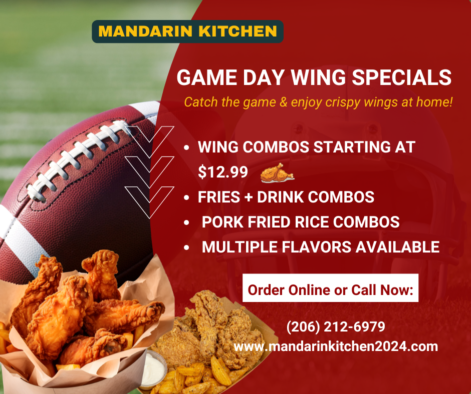 Mandarin Kitchen Game Day Wing Specials promotional flyer featuring fried wings, a football, and a helmet.