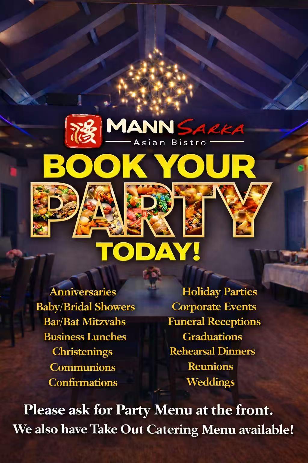 Mann Sarka Asian Bistro private dining and catering flyer with list of bookable events including weddings, corporate lunches, and reunions.