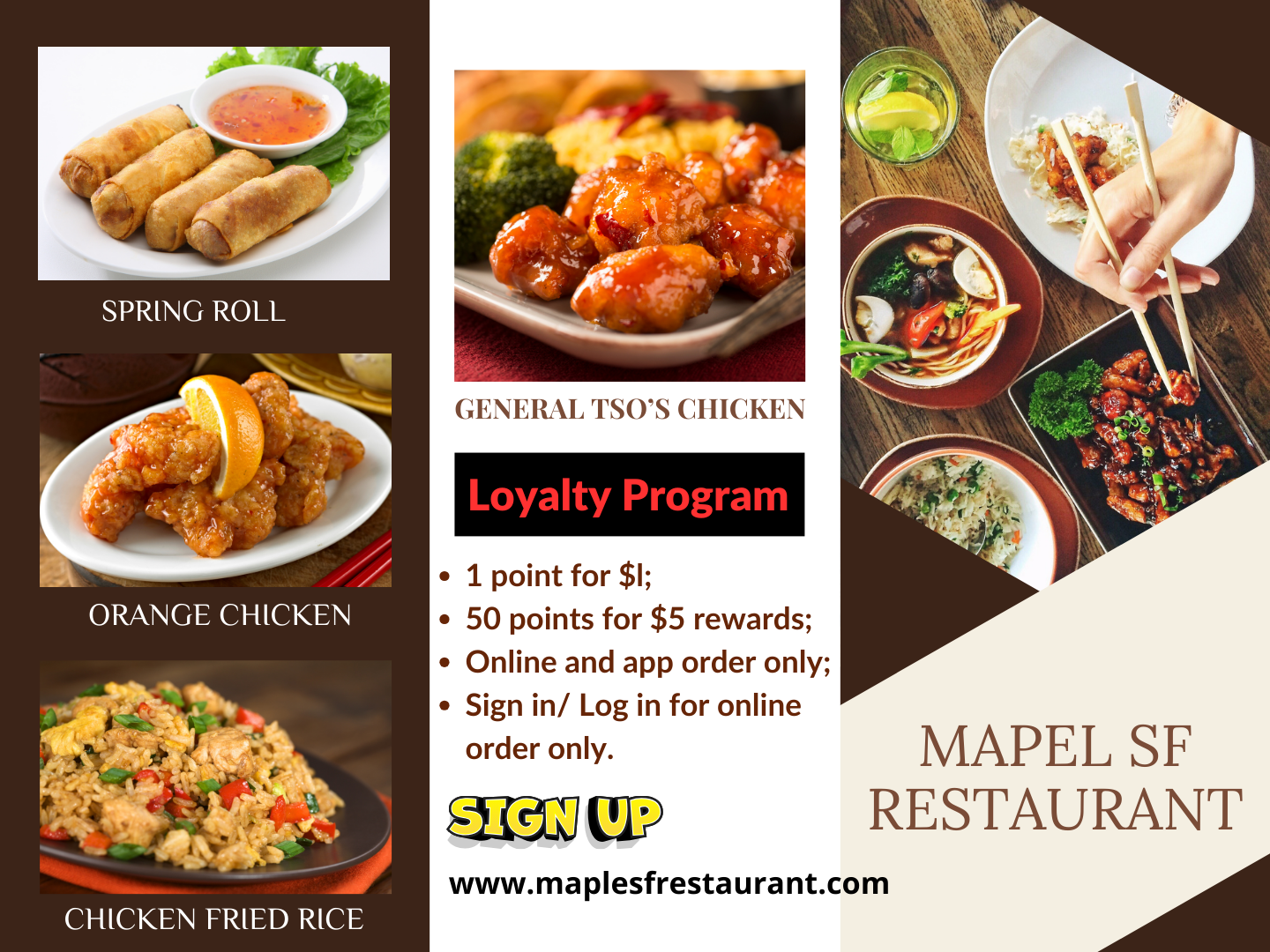 Loyalty program flyer featuring spring rolls, orange chicken and menu offerings at Maple SF Restaurant, a Chinese restaurant in Francisco