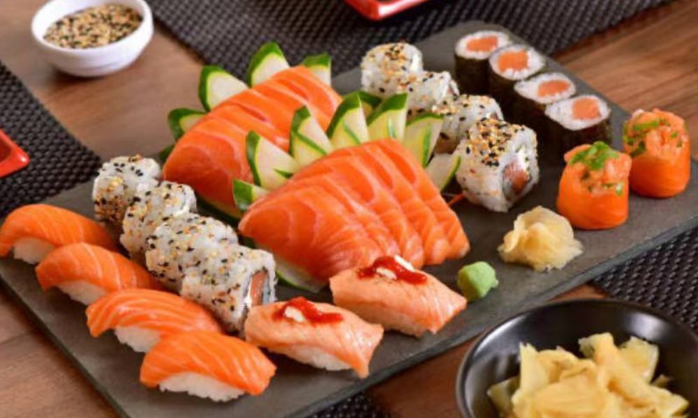Salmon sashimi and sushi platter at Maple Sushi Go, a Sushi Restaurant in Lisle