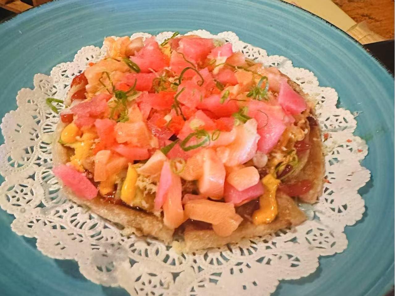 Seafood Tart Crispy base topped with assorted seafood and veggies at Masa Sushi, a Japanese restaurant in Somerville
