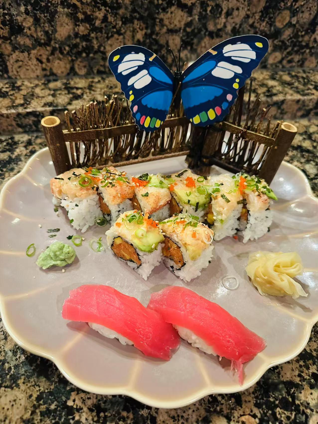 Gourmet Sushi Set Creative sushi rolls with fresh toppings and decor at Masa Sushi, a Japanese restaurant in Somerville