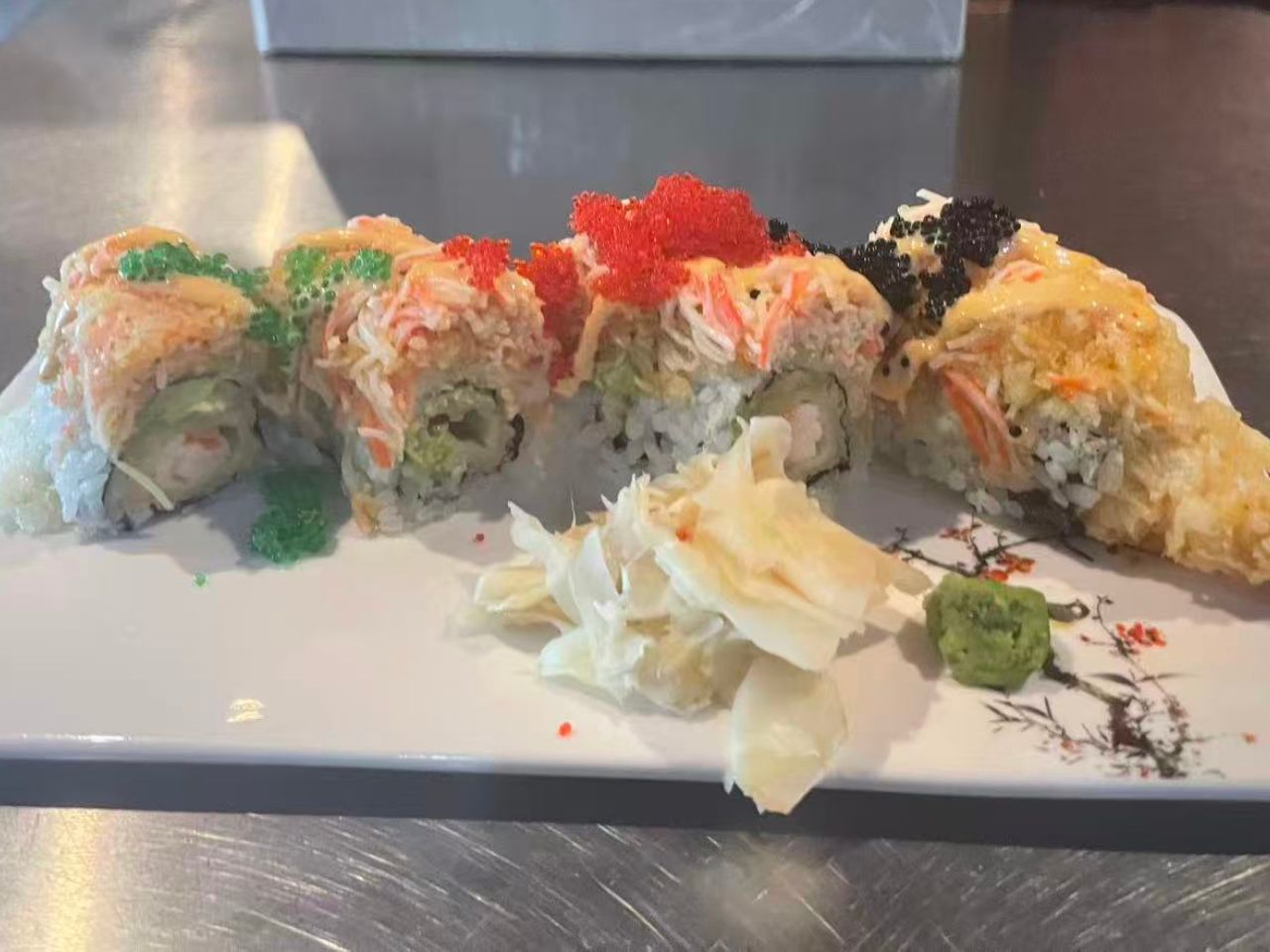 Crab meat sushi rolls garnished with fish roe and ginger at Masa Sushi & Hibachi, a Japanese Restaurant in Marlboro Township