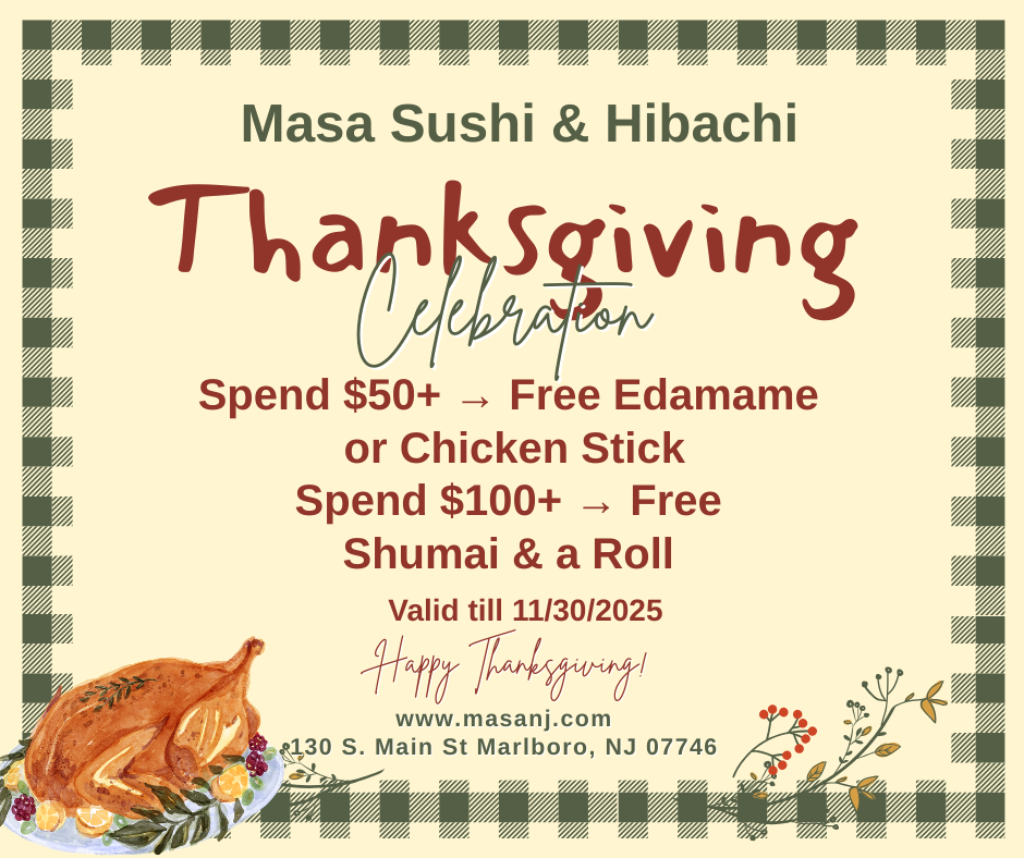 Thanksgiving promotion at Masa Sushi & Hibachi with free items for orders over $50 and $100.