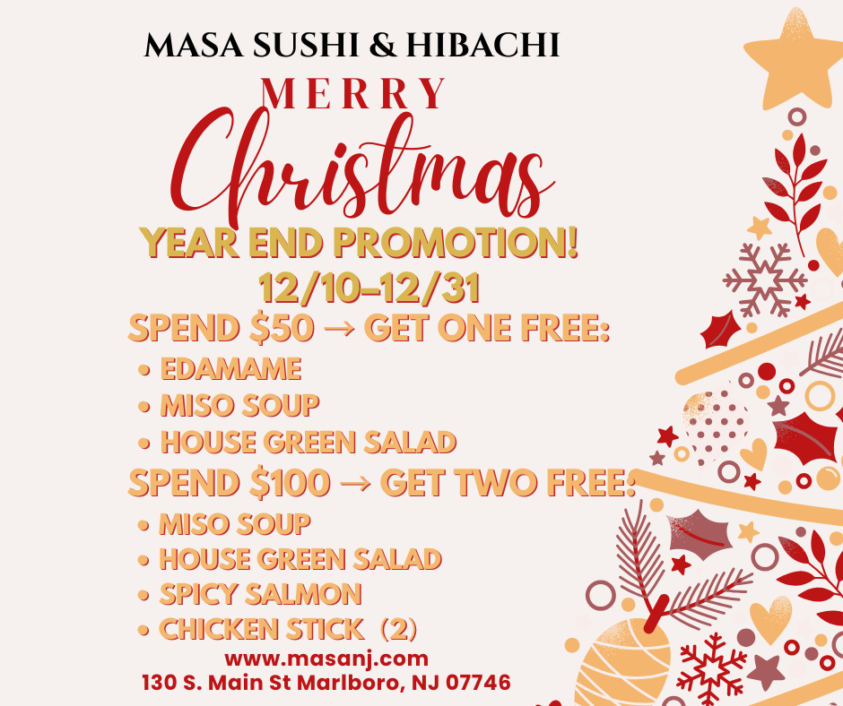 Christmas promotion at Masa Sushi & Hibachi with spend-and-get-free offers from Dec 10-31.