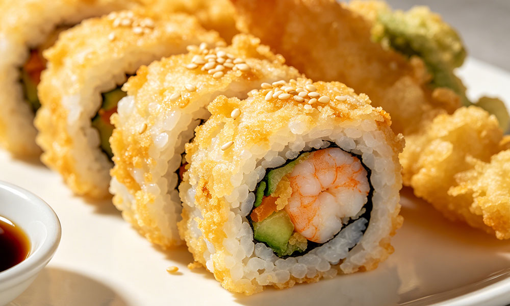 Tempura shrimp sushi roll with sesame, cucumber, and soy sauce dip