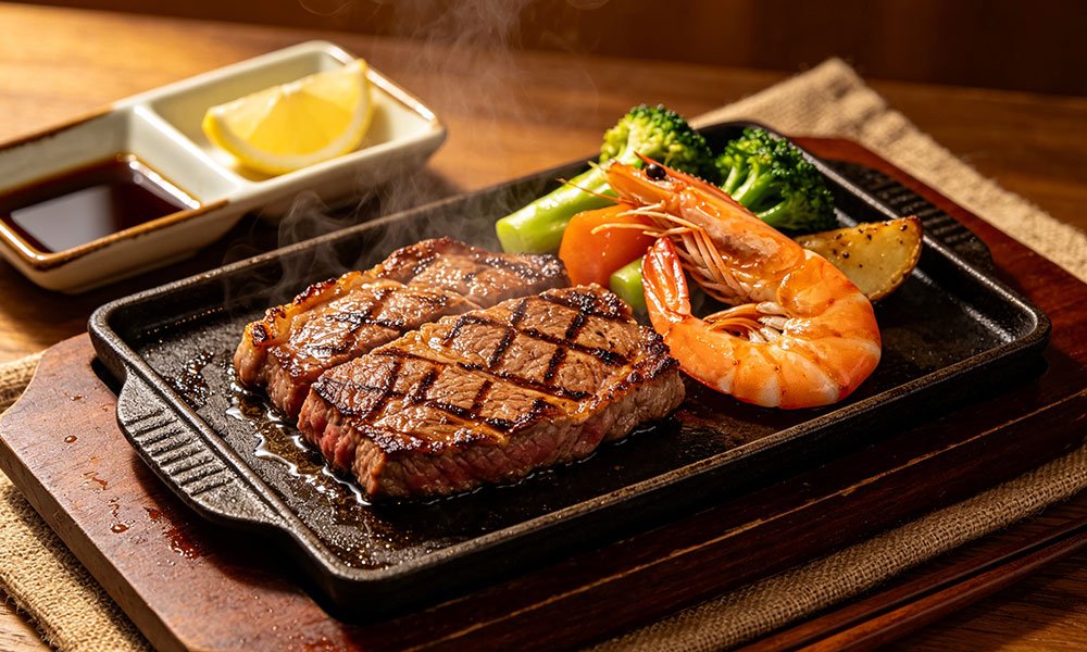 Sizzling steak and shrimp platter with veggies, lemon, and soy sauce