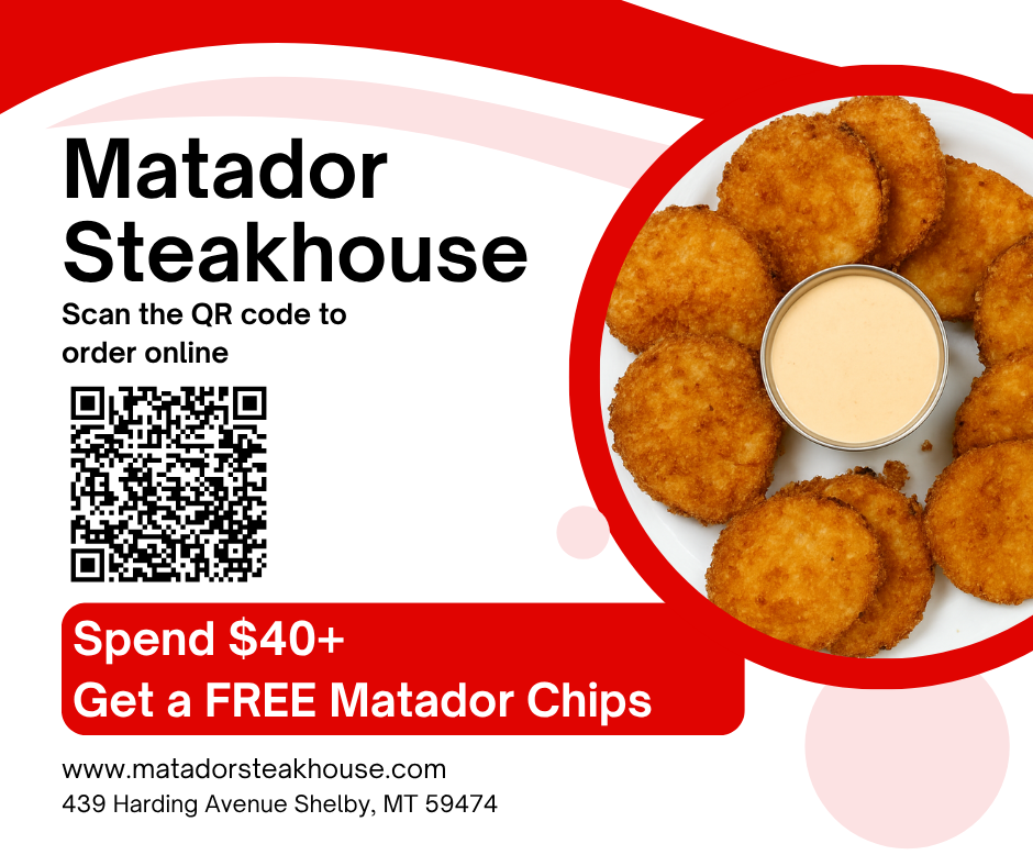 **Alt:** Promotion for Matador Steakhouse showing crispy chips with dip, QR code to order online, and free chips offer.

**Title:** Matador Steakhouse — Spend $40+ and Get Free Matador Chips