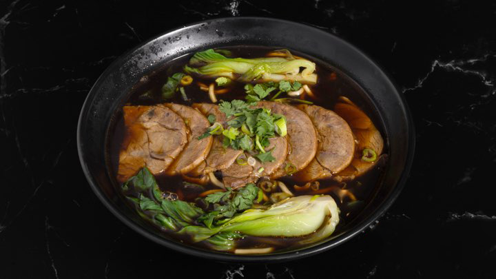 M-Dumpling-Chinese-restaurant-Beef-Shank-Noodle-Soup-Fremont Beef Shank Noodle Soup Noodles with beef shank and bok choy in broth at M Dumpling, a Chinese restaurant in Fremont
