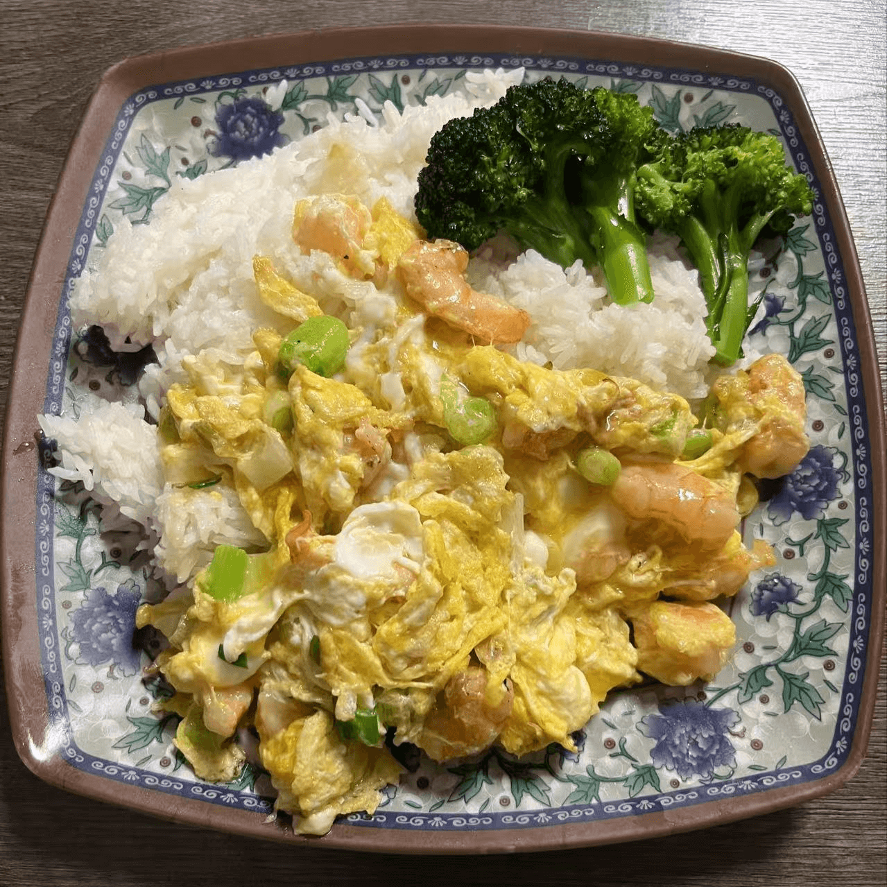 Rice with scrambled eggs and shrimp, served with broccoli at Metro Hong Kong Dessert and Milk Tea, a Chinese Hong Kong Restaurant in San Francisco
