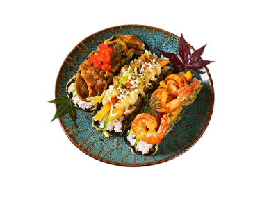Trio assorted seafood sushi tacos plated with decorative maple leaf garnish on textured blue dish at Mex Sushi Taco, a Asian restaurant in Place maspeth