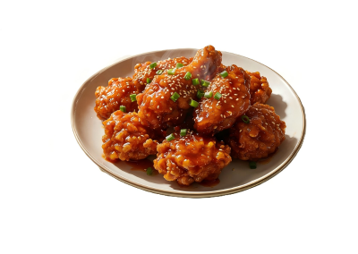 Saucy sesame-glazed Korean chicken wings garnished with chopped green onion on plain white ceramic plate at Mex Sushi Taco, a Asian restaurant in Place maspeth