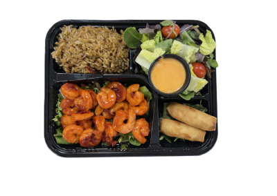 Glazed shrimp lunch combo with fried rice, garden salad, spring rolls and spicy creamy dipping sauce at Mex Sushi Taco, a Asian restaurant in Place maspeth