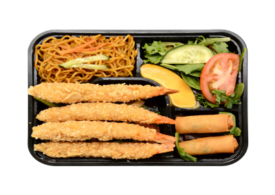 Tempura shrimp bento with egg noodle, fresh veggie salad and two fried spring rolls in black divided tray at Mex Sushi Taco, a Asian restaurant in Place maspeth