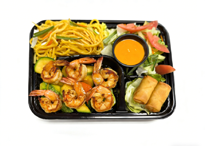 Grilled shrimp combo with egg noodles, fresh salad, spring rolls and spicy orange house dipping sauce at Mex Sushi Taco, a Asian restaurant in Place maspeth