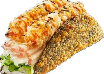 Lobster salad sushi taco with cucumber, rice and creamy sesame drizzle on crispy seaweed shell at Mex Sushi Taco, a Asian restaurant in Place maspeth