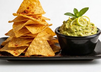 Spiced tortilla chips stacked beside fresh lime-garnished guacamole dip on black ceramic plate at Mex Sushi Taco, a Asian restaurant in Place maspeth