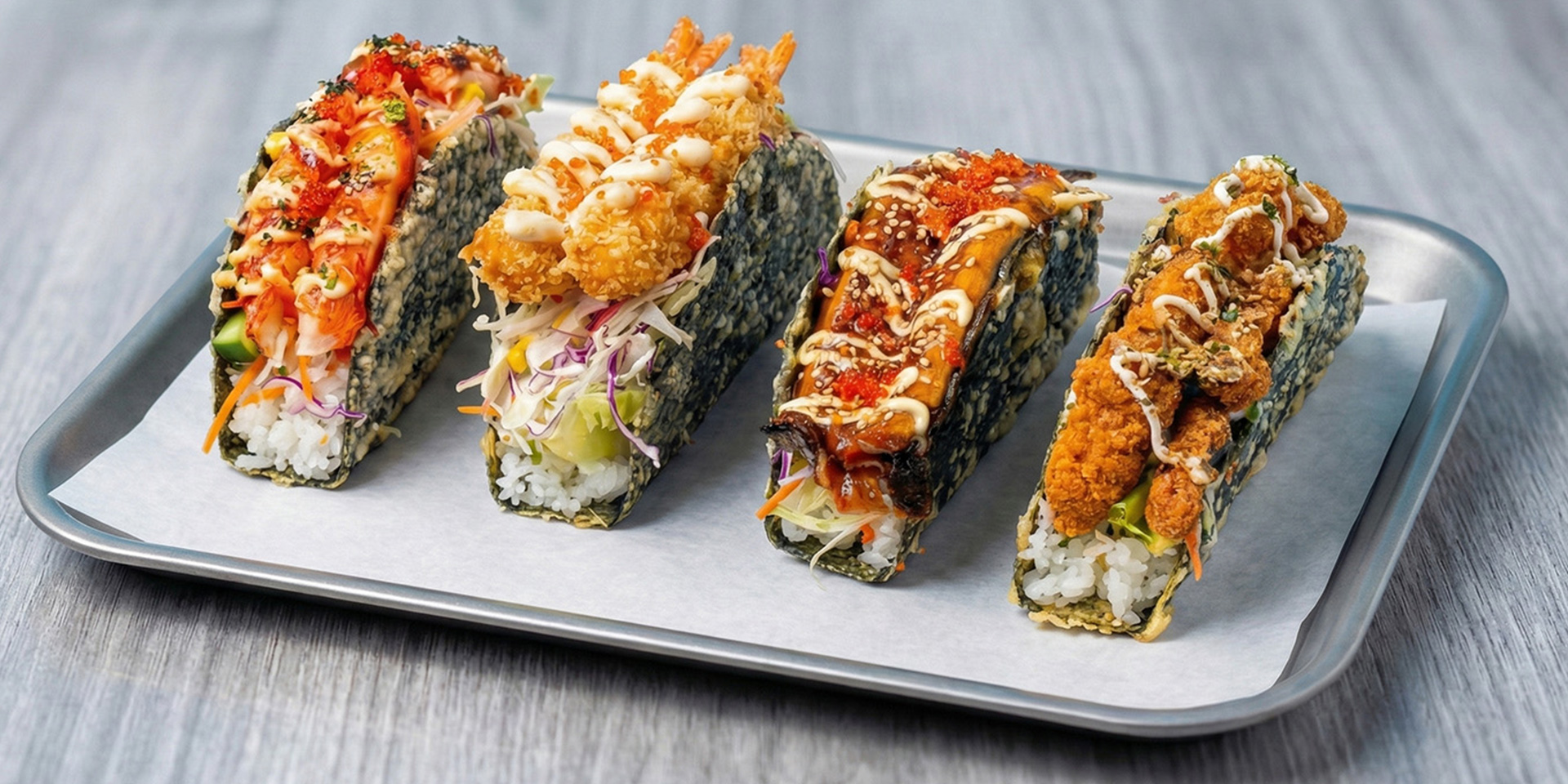 Four assorted sushi tacos with seafood and chicken fillings, served on a metal tray at Mex Sushi Taco, a Asian restaurant in Place maspeth