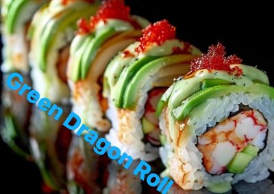 Green Dragon sushi roll topped with avocado, tobiko, and eel sauce on a black plate at Mex Sushi Taco, a Asian restaurant in Place maspeth