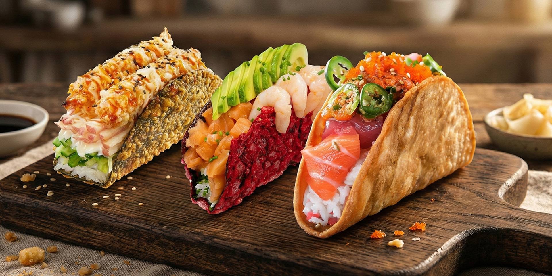 Three colorful sushi tacos filled with fresh seafood, avocado and spicy toppings at Mex Sushi Taco, a Asian restaurant in Place maspeth