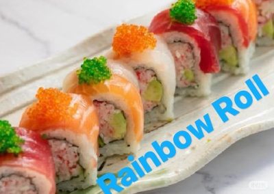Rainbow sushi roll with multi-colored fish slices, tobiko and green wasabi garnish at Mex Sushi Taco, a Asian restaurant in Place maspeth