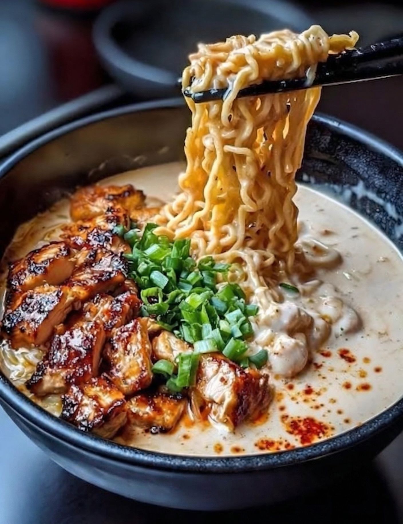 Creamy tonkotsu ramen topped with glazed grilled pork, fresh green onion and chili flakes in dark ceramic bowl at Mex Sushi Taco, a Asian restaurant in Place maspeth