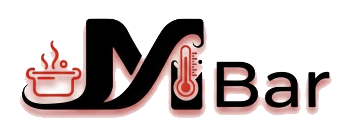 Logo for "Mi Bar" with stylized black "Mi" (incorporating red pot-with-steam and thermometer icons) and black "Bar"