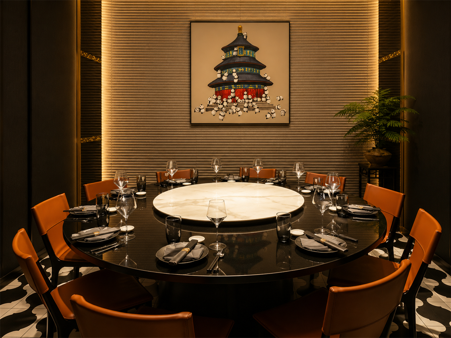 chinese dining room round marble lazy susan table panda temple wall art warm ambient lighting at Min Du Sheng Yan 闽都盛宴，a Chinese Restaurant in Queens