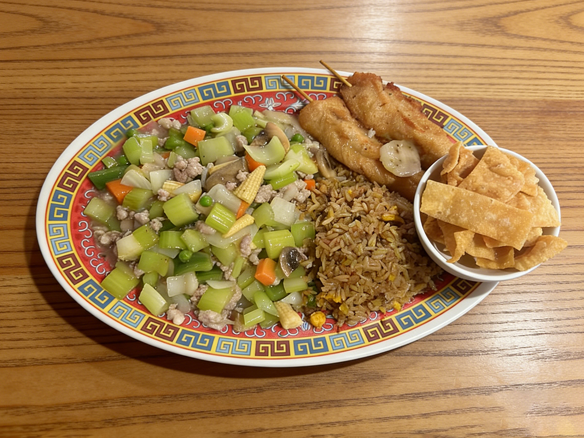 Mixed vegetable stir-fry with fried rice, chicken skewers, and wonton strips at Ming's Garden, a Chinese Restaurant in Bucksport