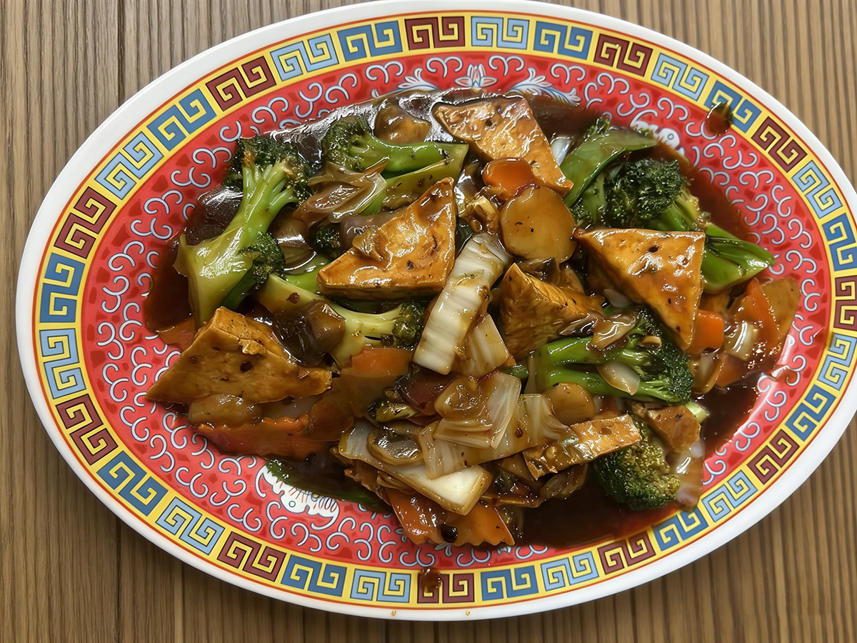 Tofu and broccoli stir-fry in red sauce at Ming's Garden, a Chinese Restaurant in Bucksport