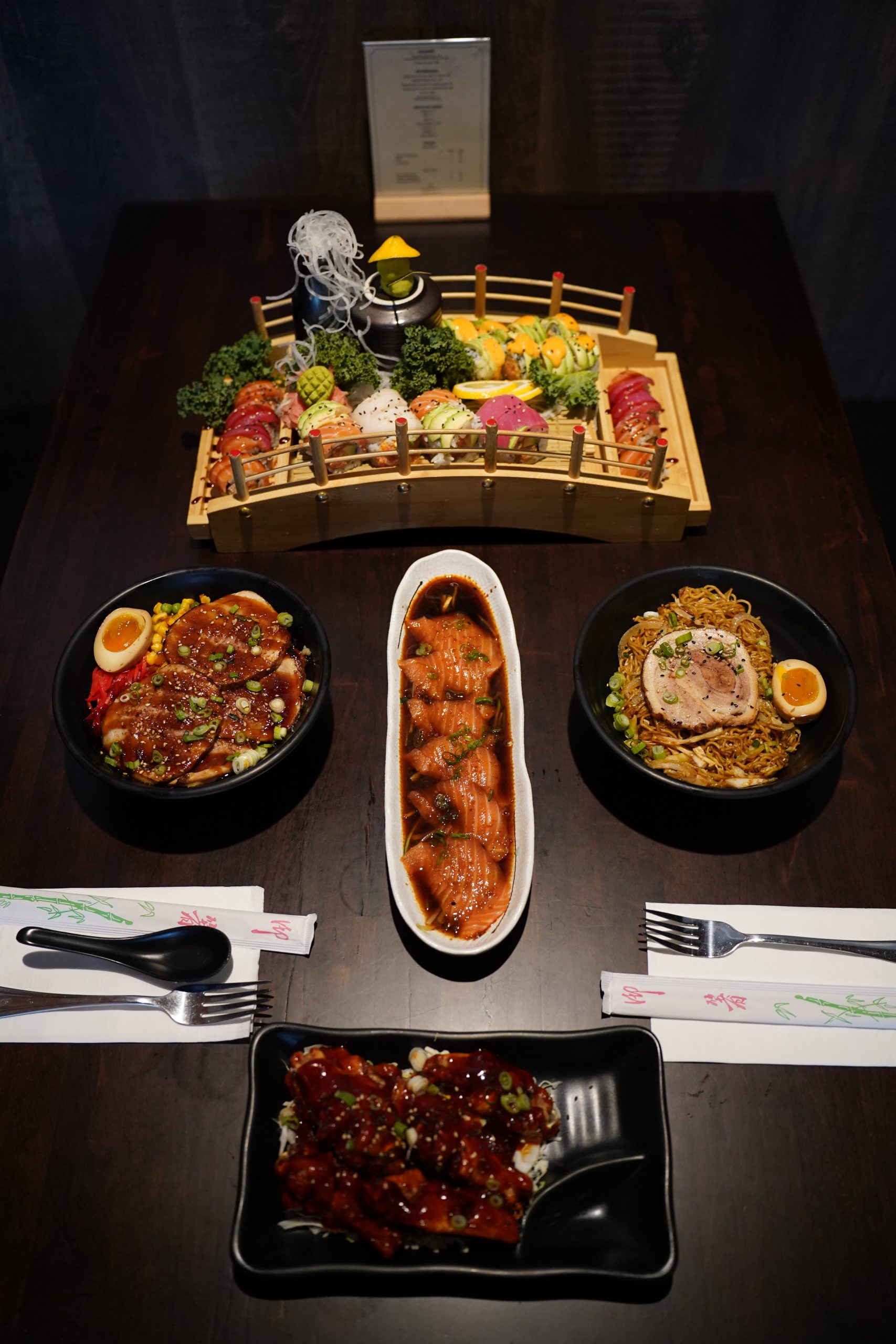 Grand Sushi Rice Set Elaborate sushi rolls and rice bowls in a full set at Mirai ramen & sushi, a Japanese restaurant in Wichita