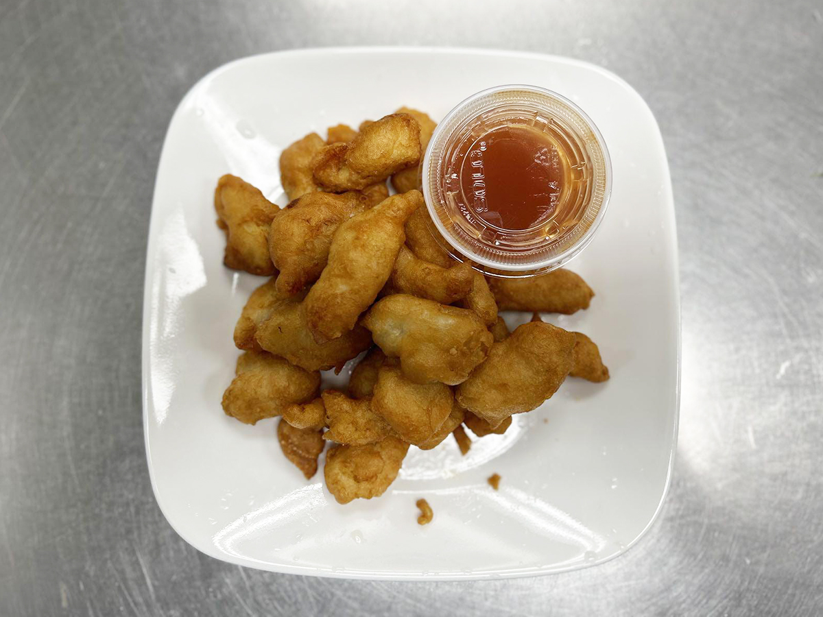 Sweet and sour chicken with dip at Mister Wok Chinese Kitchen, a Chinese Restaurant in Downingtown
