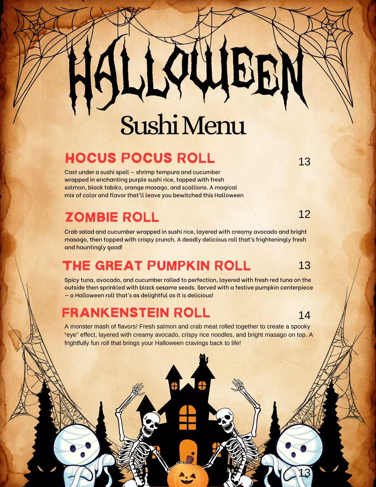 Halloween-themed sushi menu on aged parchment, featuring spooky rolls like 