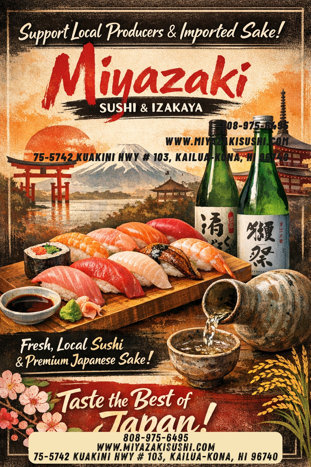 A vibrant sushi platter and premium sake at Miyazaki Sushi & IZAKAYA, a Japanese Restaurant in Kailua-Kona.