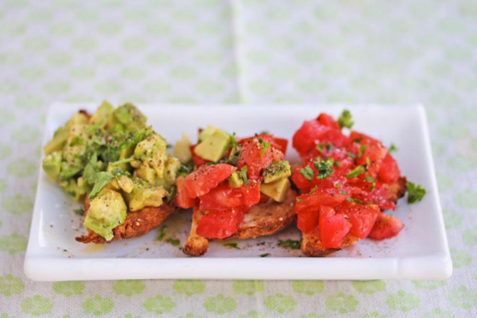 Three bruschetta variations with avocado & fresh tomato at Mizu Hibachi & Sushi, a Japanese Restaurant in New York