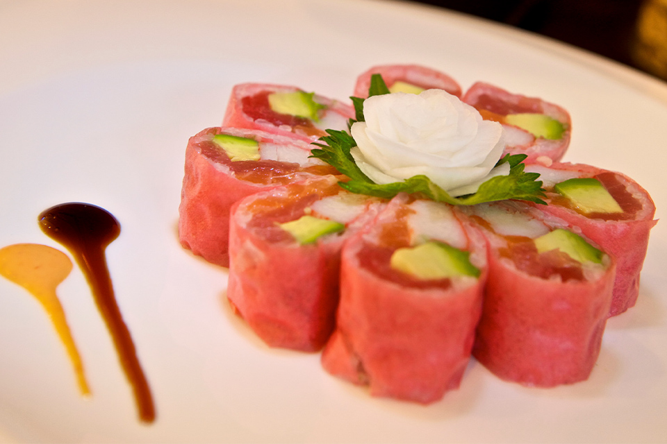 Artful tuna-wrapped maki roll shaped like a flower at Mizu Hibachi & Sushi, a Japanese Restaurant in New York