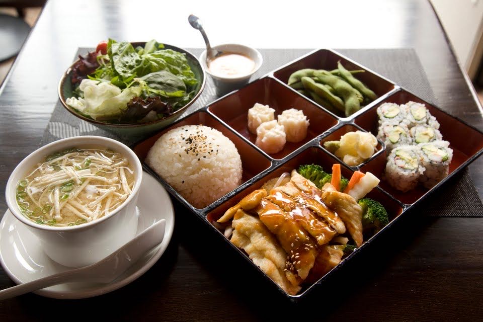 Complete bento with teriyaki chicken, soup, salad & sushi at Mizu Hibachi & Sushi, a Japanese Restaurant in New York
