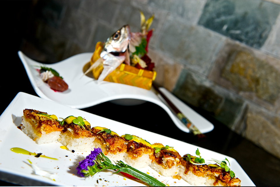 Baked spicy tuna maki with crispy top & savory sauce at Mizu Hibachi & Sushi, a Japanese Restaurant in New York