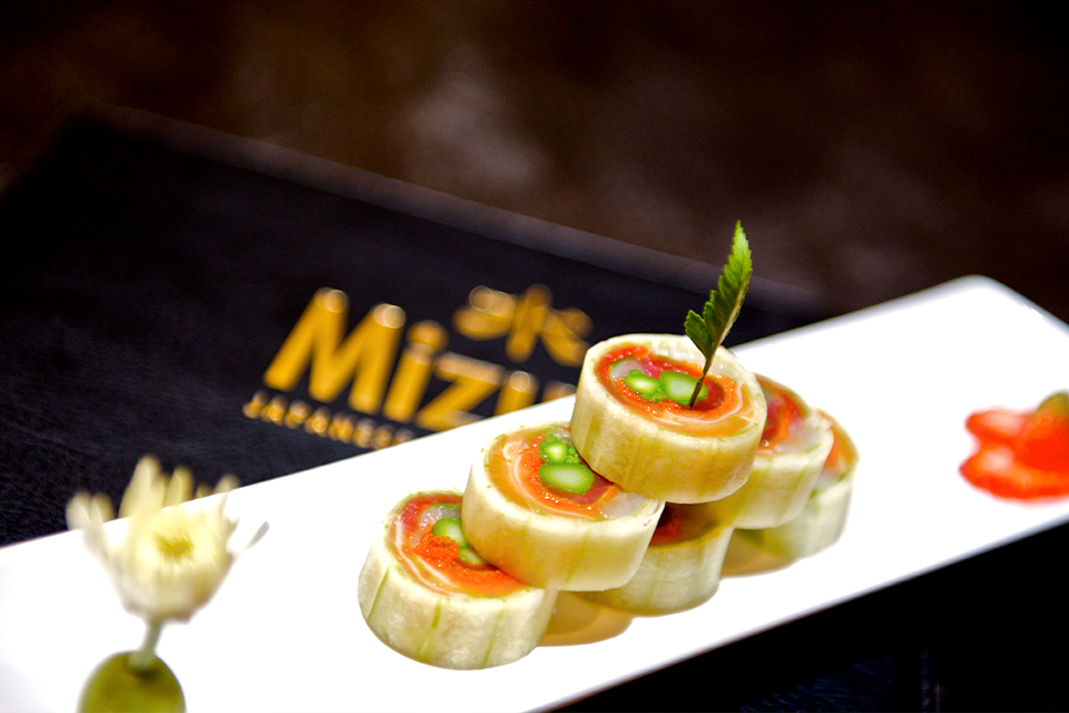 Refreshing cucumber-wrapped sushi roll with fresh fillings at Mizu Hibachi & Sushi, a Japanese Restaurant in New York