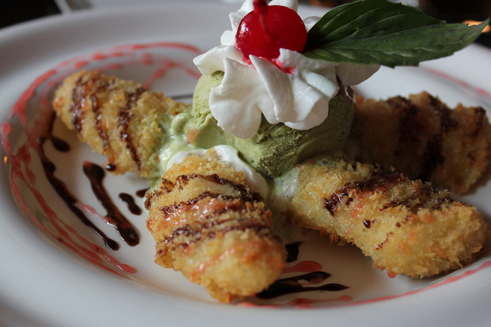 Crispy tempura sticks with matcha ice cream at Mizu Hibachi & Sushi, a Japanese Restaurant in New York