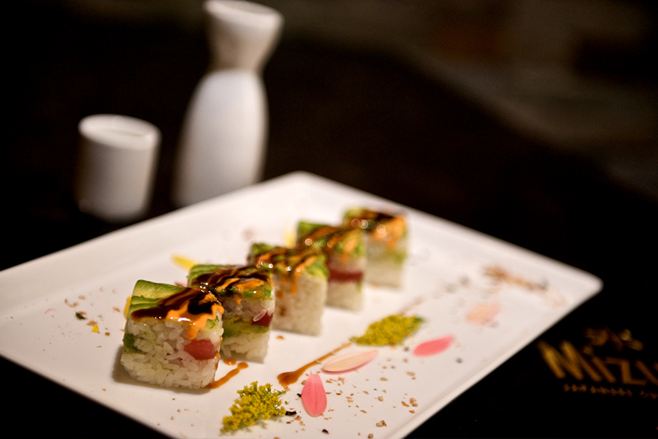 Colorful maki roll with eel sauce & fresh toppings at Mizu Hibachi & Sushi, a Japanese Restaurant in New York