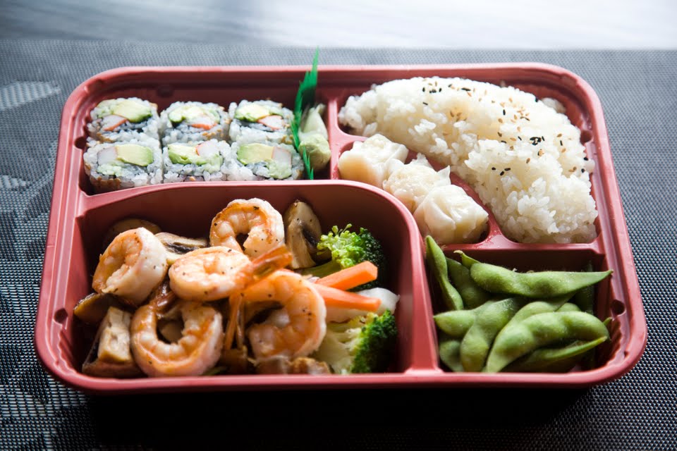 Bento with teriyaki shrimp, sushi, rice & edamame at Mizu Hibachi & Sushi, a Japanese Restaurant in New York