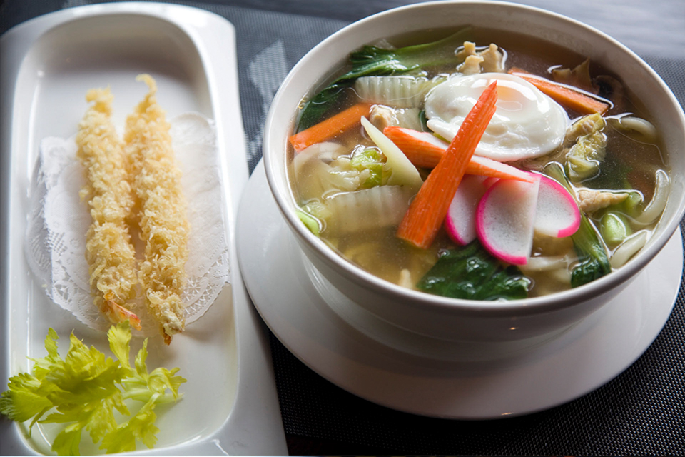 Miso udon with tempura shrimp & fresh veggies at Mizu Hibachi & Sushi, a Japanese Restaurant in New York