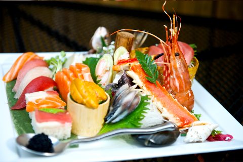 Luxury sashimi platter with uni, crab & shrimp at Mizu Hibachi & Sushi, a Japanese Restaurant in New York