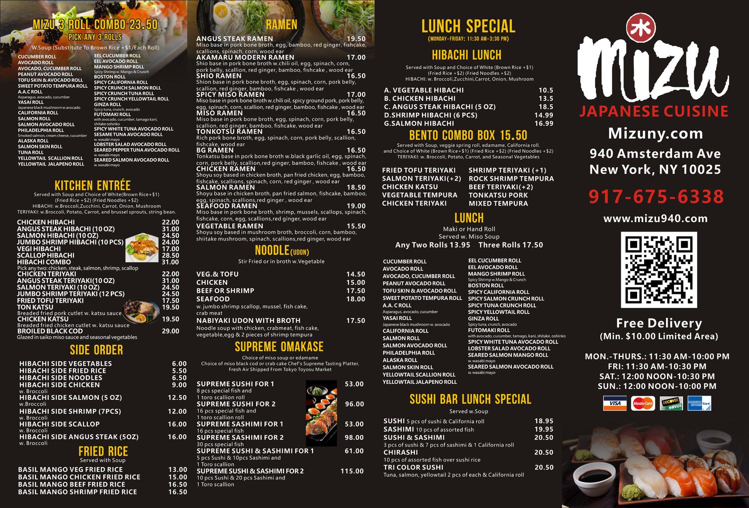Mizu Hibachi & Sushi's Japanese menu (New York) featuring lunch specials, hibachi, bento boxes, ramen, sushi rolls, prices, address & free delivery