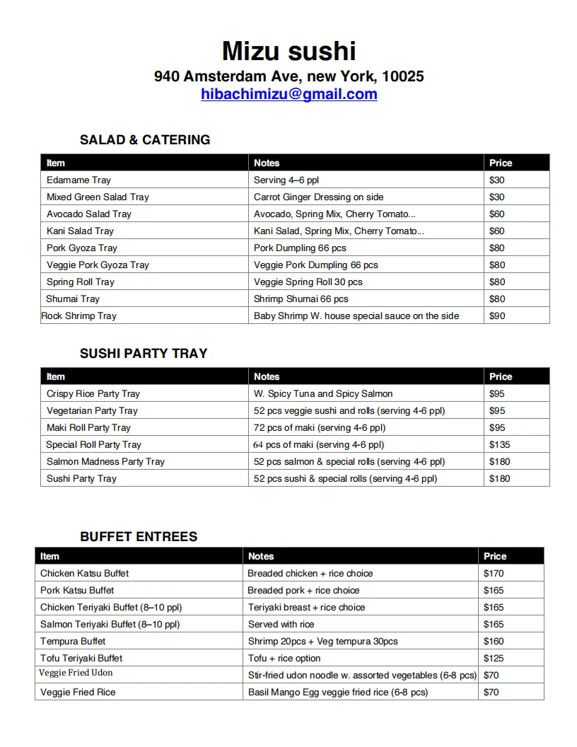 Mizu Sushi's Japanese catering menu (940 Amsterdam Ave, NY) featuring salad trays, sushi party trays, buffet entrees, prices & serving sizes