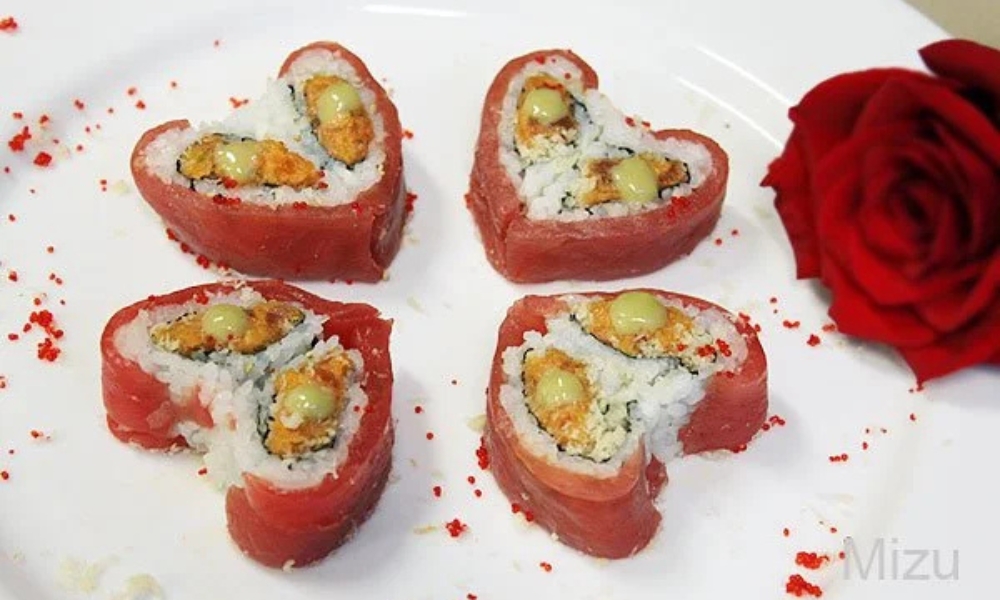 Heart-shaped tuna sushi rolls with rose at Mizu Japanese Restaurant, a Japanese Restaurant in Winston-Salem