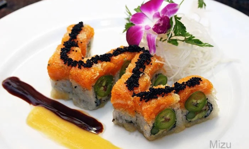 Salmon sushi roll with jalapeño and caviar at Mizu Japanese Restaurant, a Japanese Restaurant in Winston-Salem