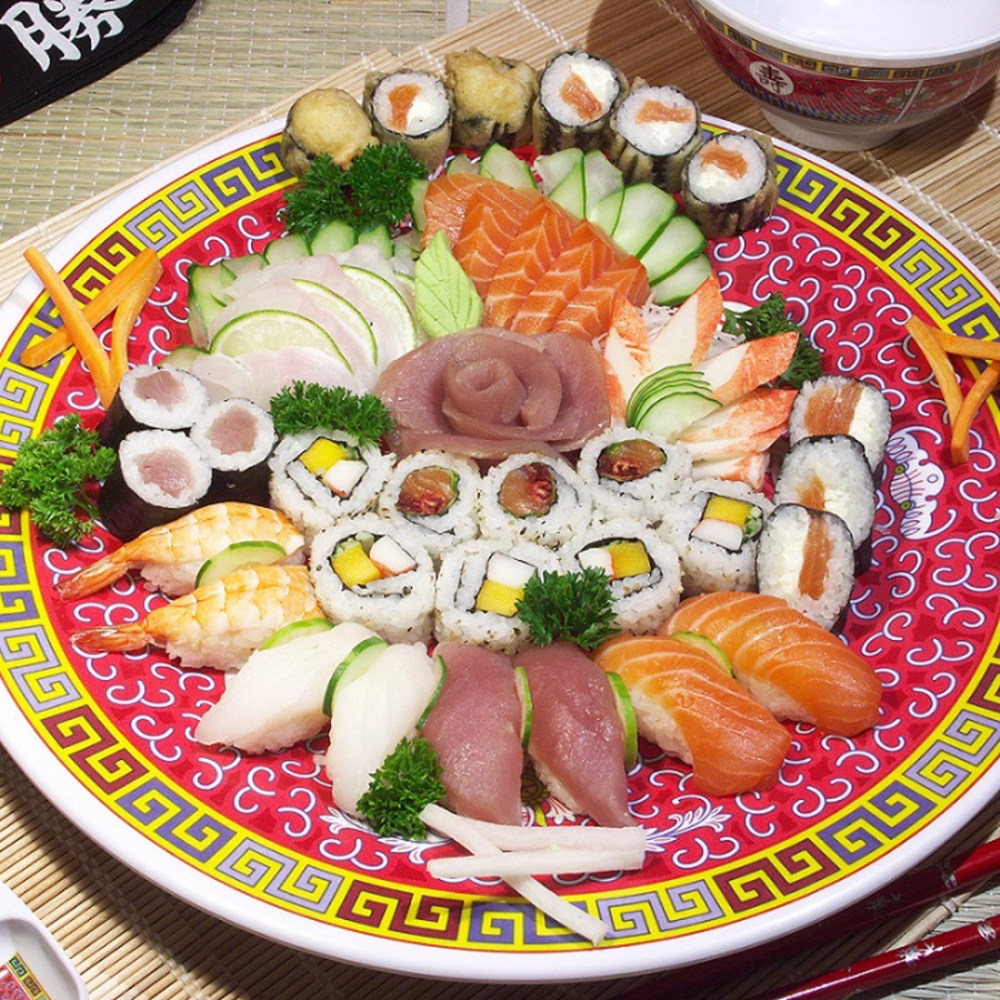 Large platter of assorted sushi and sashimi with various rolls and fresh fish at Mizuki A.Y.C.E Sushi & Hibachi, a Japanese Restaurant in Baytown